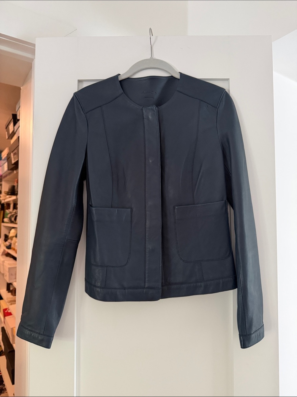 Massimo Duti Navy Blue Leather Jacket XS